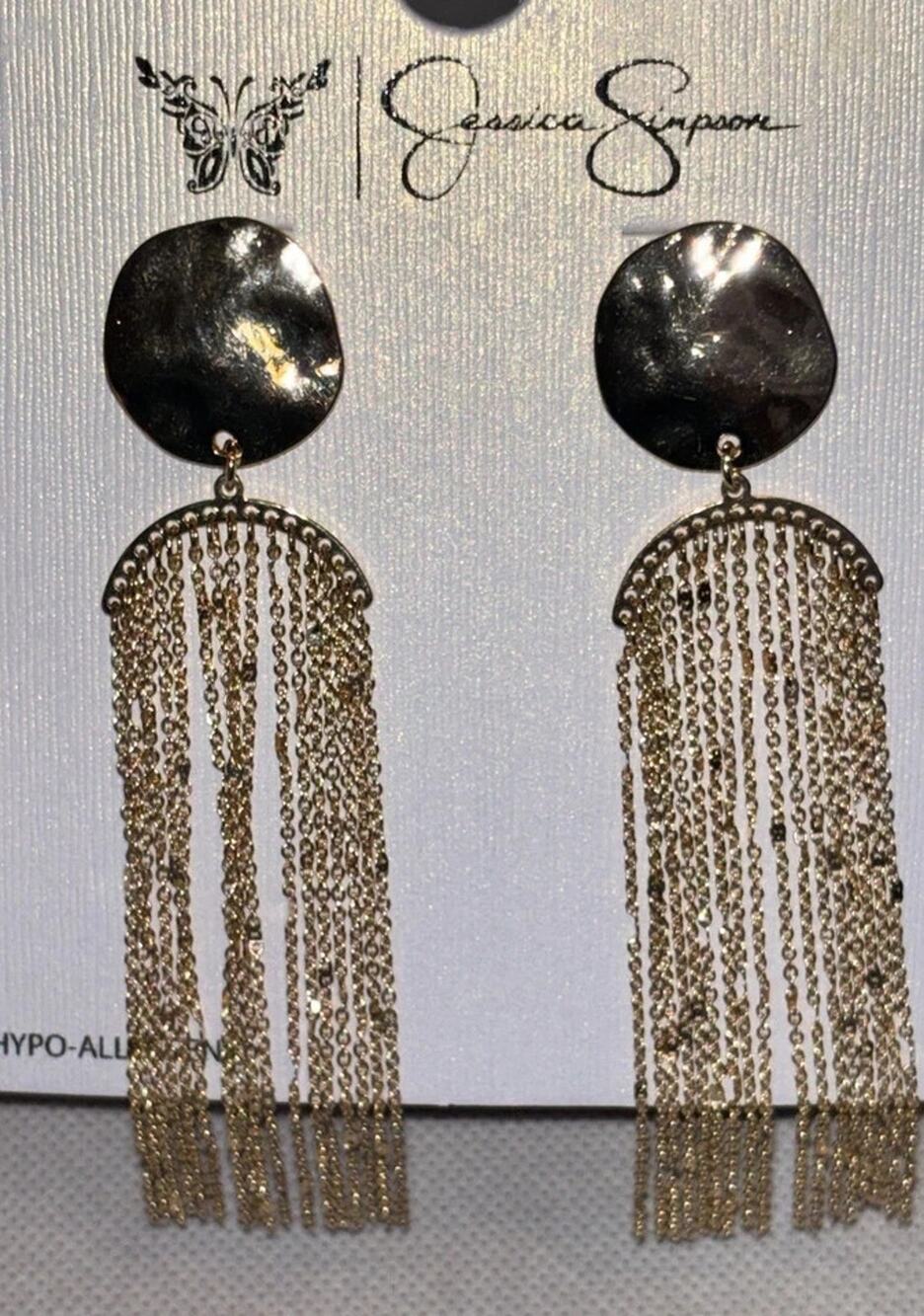Jessica Simpson Hypo-Allergenic Disc Chain Tassel Dangle Earrings Gold Tone
